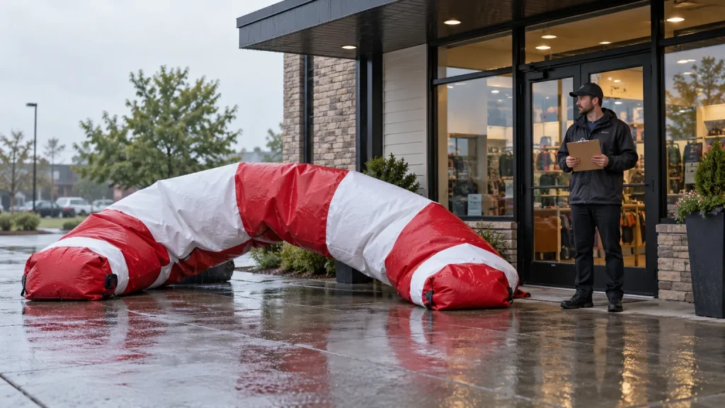 Werbe-Inflatables im Regen: Ein eingefallener rot-weißer Bogen während einer kontrollierten Wetterpause