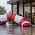 Werbe-Inflatables im Regen: Ein eingefallener rot-weißer Bogen während einer kontrollierten Wetterpause
