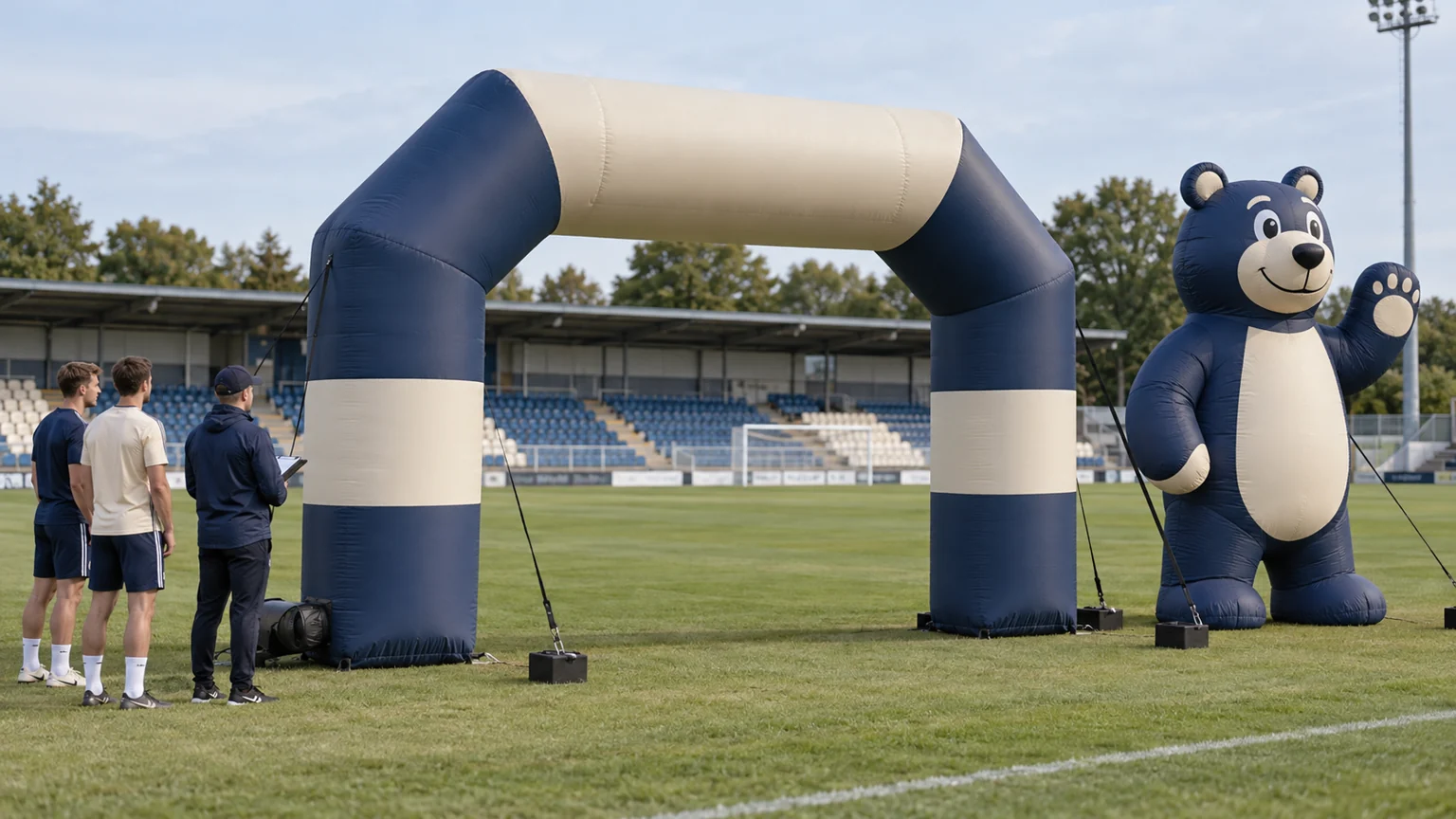 Aufblasbare Sportartikel mit separatem Maskottchen-Display und Einlauftor auf einem Sportplatz