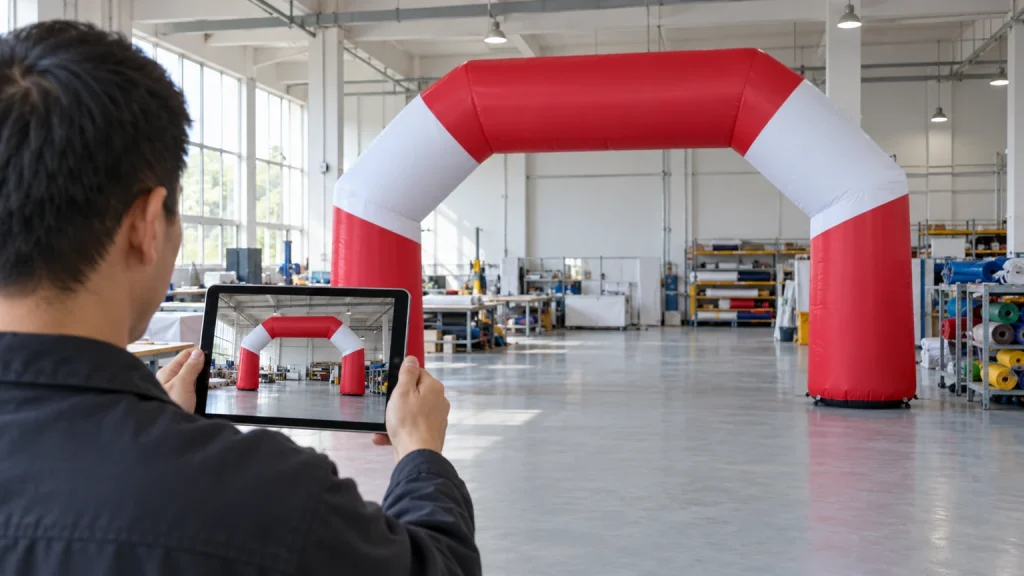 Concept illustration of custom inflatable pre-shipment photos being reviewed on a tablet