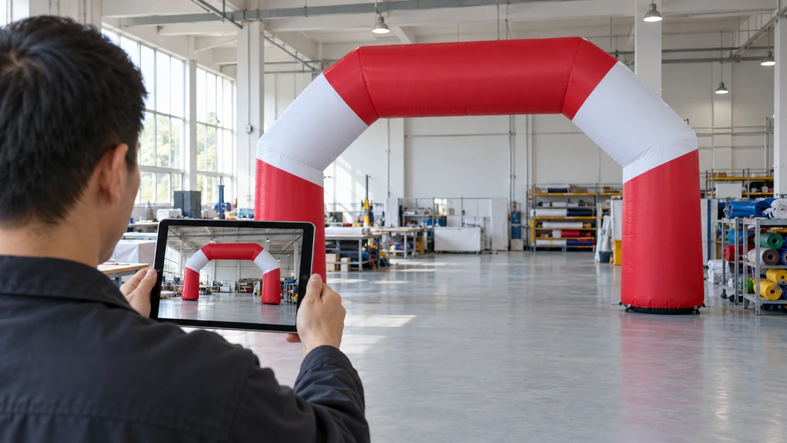 Concept illustration of custom inflatable pre-shipment photos being reviewed on a tablet