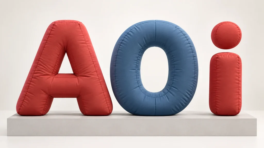 AI concept of inflatable A, O and i study shapes showing open interiors, gaps and a conceptually separated dot.