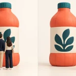 Concept comparison of visitors obscuring or leaving visible the emblem on a fictional inflatable bottle.