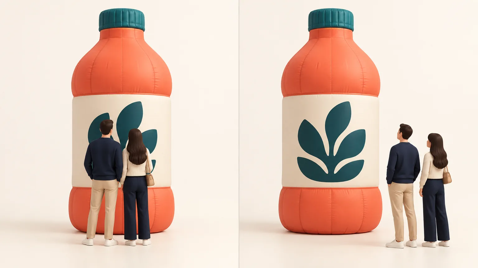 Concept comparison of visitors obscuring or leaving visible the emblem on a fictional inflatable bottle.