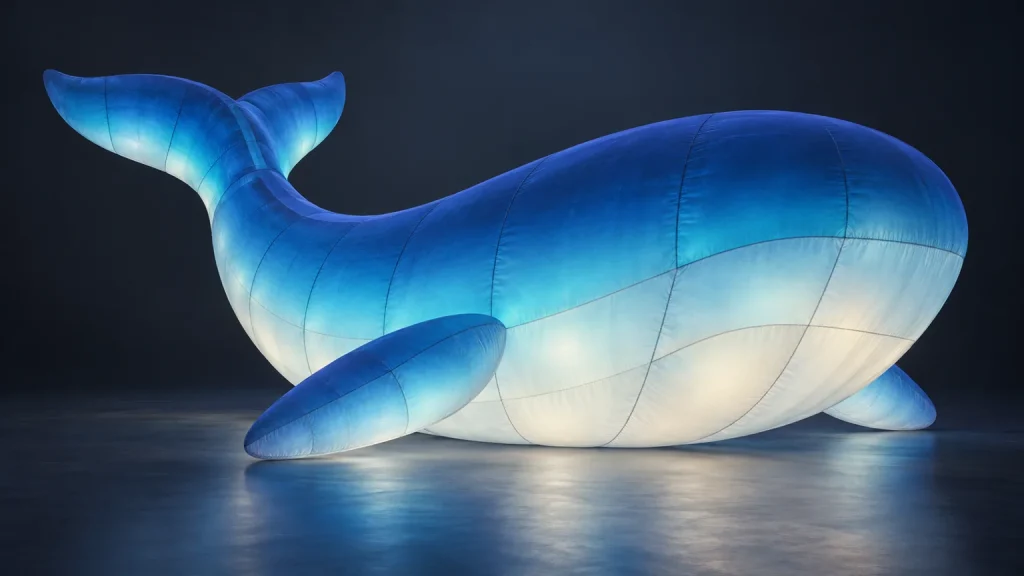 Concept render of an internally glowing blue-to-white inflatable form with faint visible panel seams