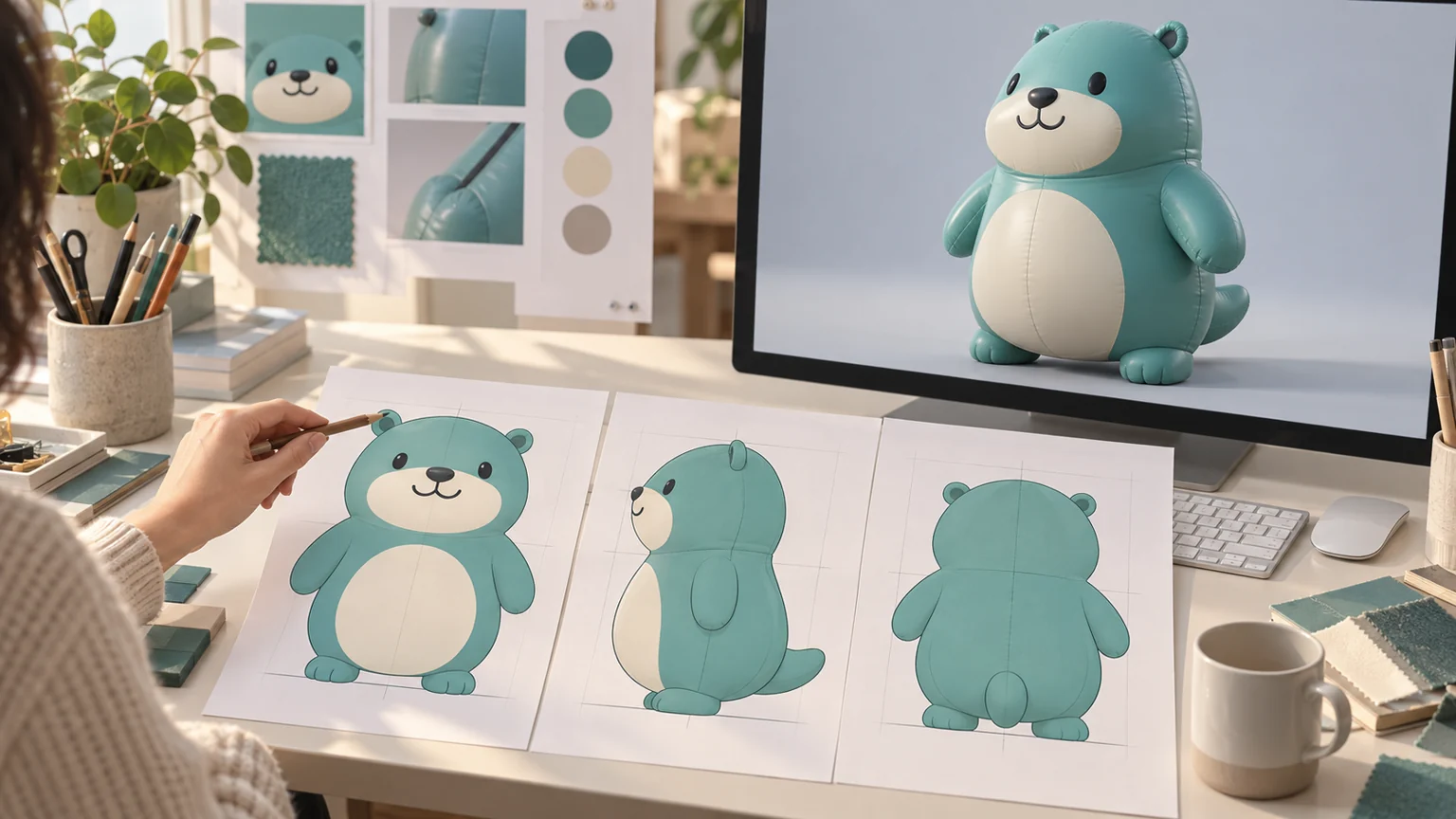 Concept illustration of inflatable mascot design approval using front, side and rear character views and a 3D model