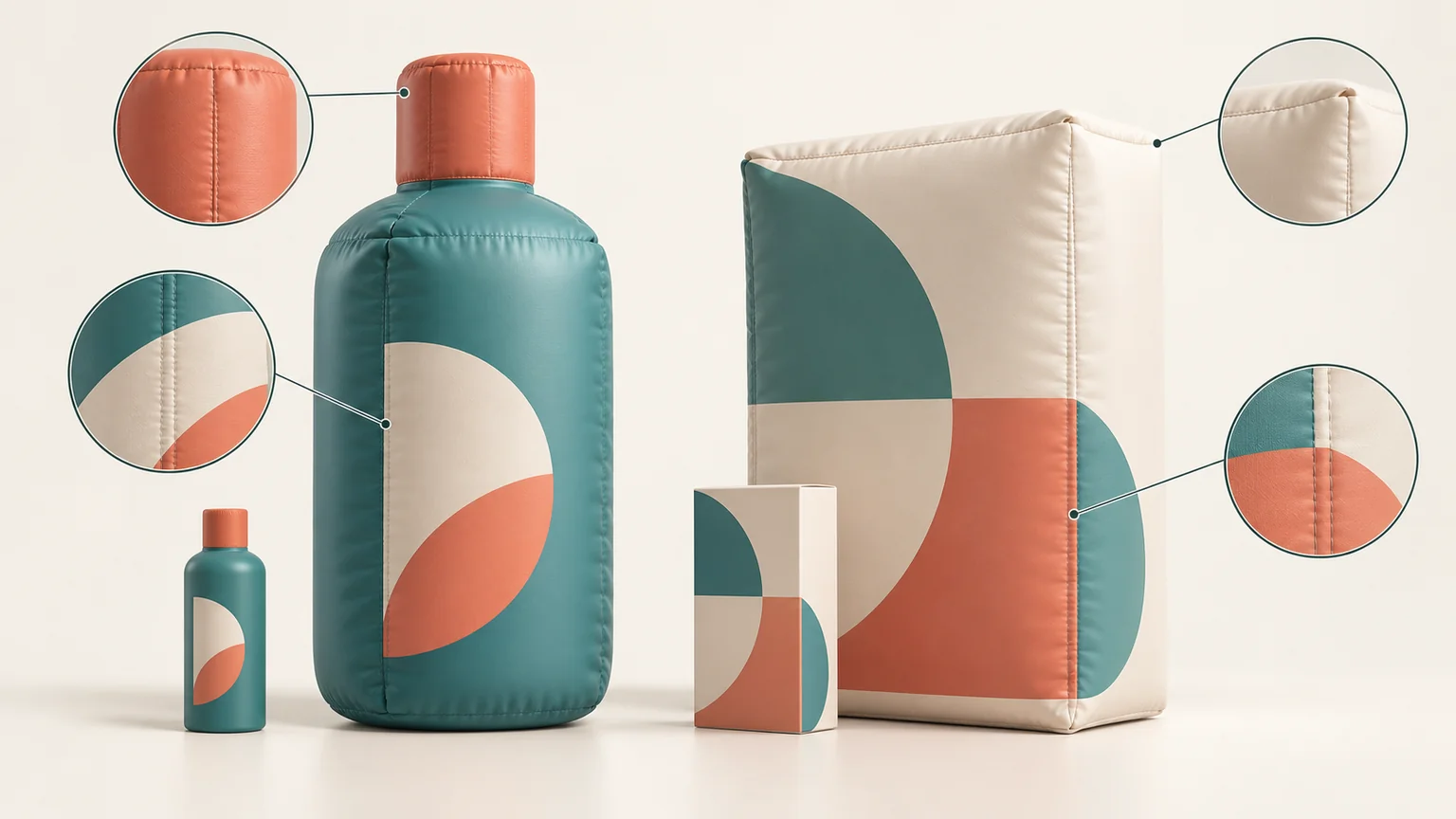 Concept illustration of inflatable product replica design with bottle, carton and enlarged seam details