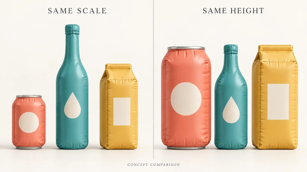 Concept comparison of fictional can, bottle and carton replicas at a common scale and at equal display height