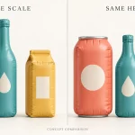 Concept comparison of fictional can, bottle and carton replicas at a common scale and at equal display height