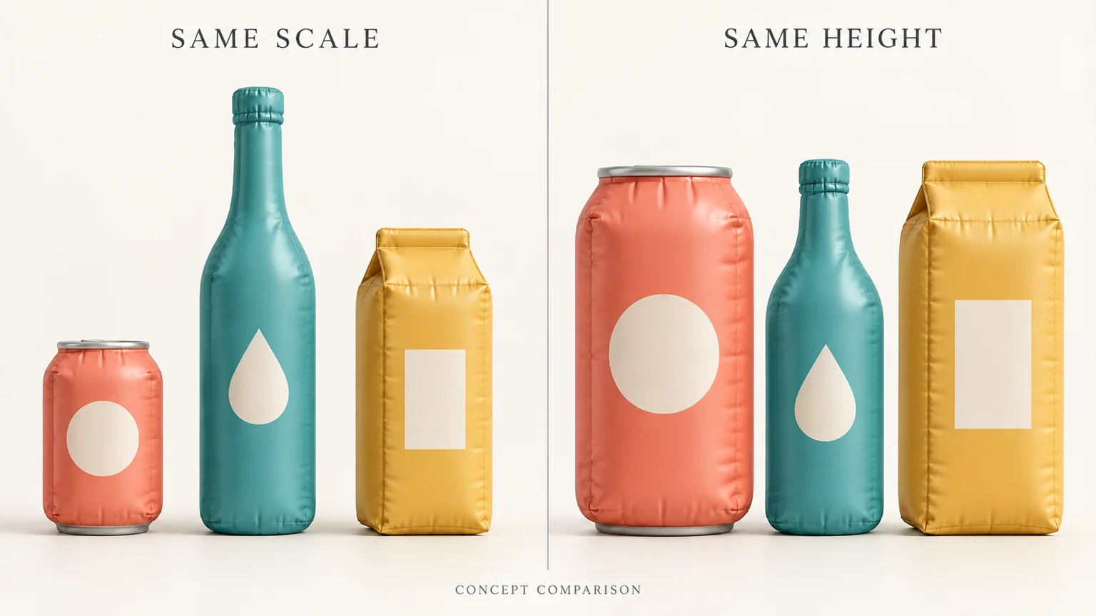 Concept comparison of fictional can, bottle and carton replicas at a common scale and at equal display height